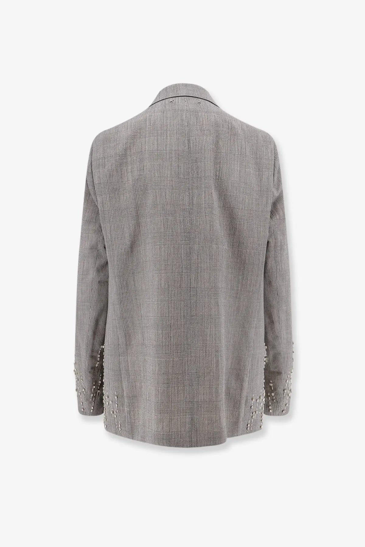 Golden Goose women’s Maia grey virgin wool blazer with gray plaid and pearl embellishments on the cuffs