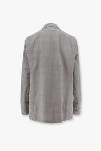 Golden Goose women’s Maia grey virgin wool blazer with gray plaid and pearl embellishments on the cuffs