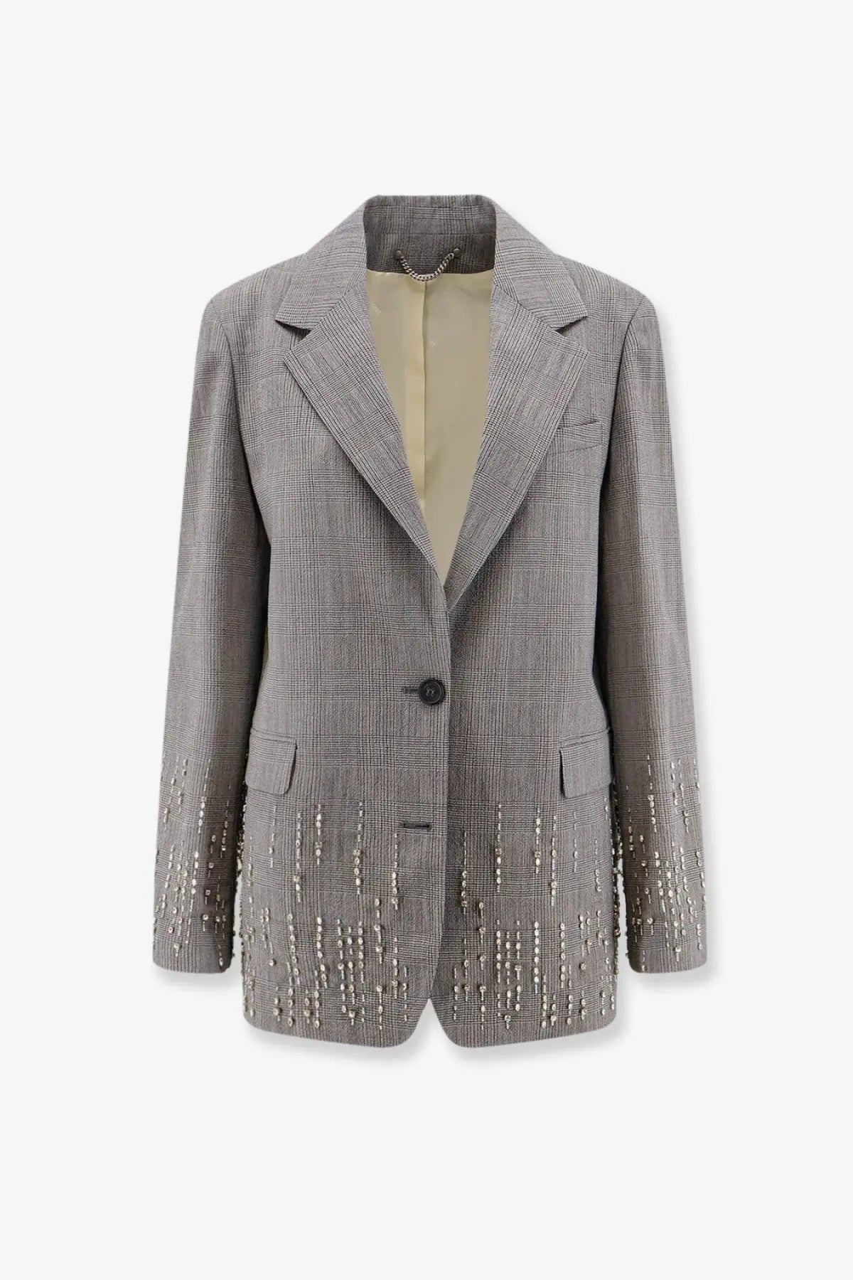 Golden Goose women’s Maia virgin wool gray plaid blazer with silver bead detailing on hem and sleeves