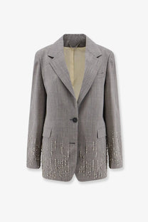 Golden Goose women’s Maia virgin wool gray plaid blazer with silver bead detailing on hem and sleeves