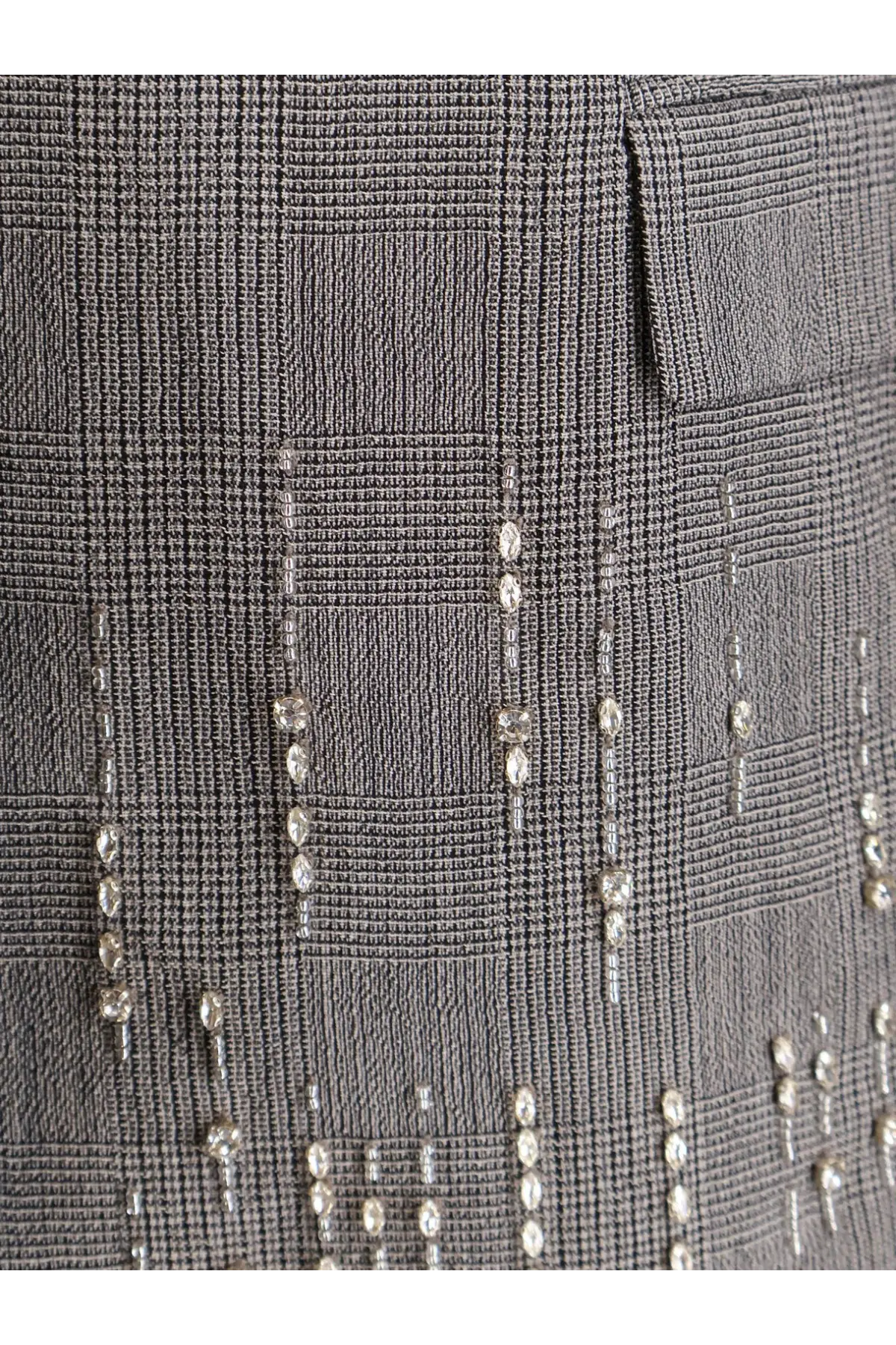 Gray plaid skirt with silver beaded embellishments paired with golden goose women’s maia virgin wool blazer grey