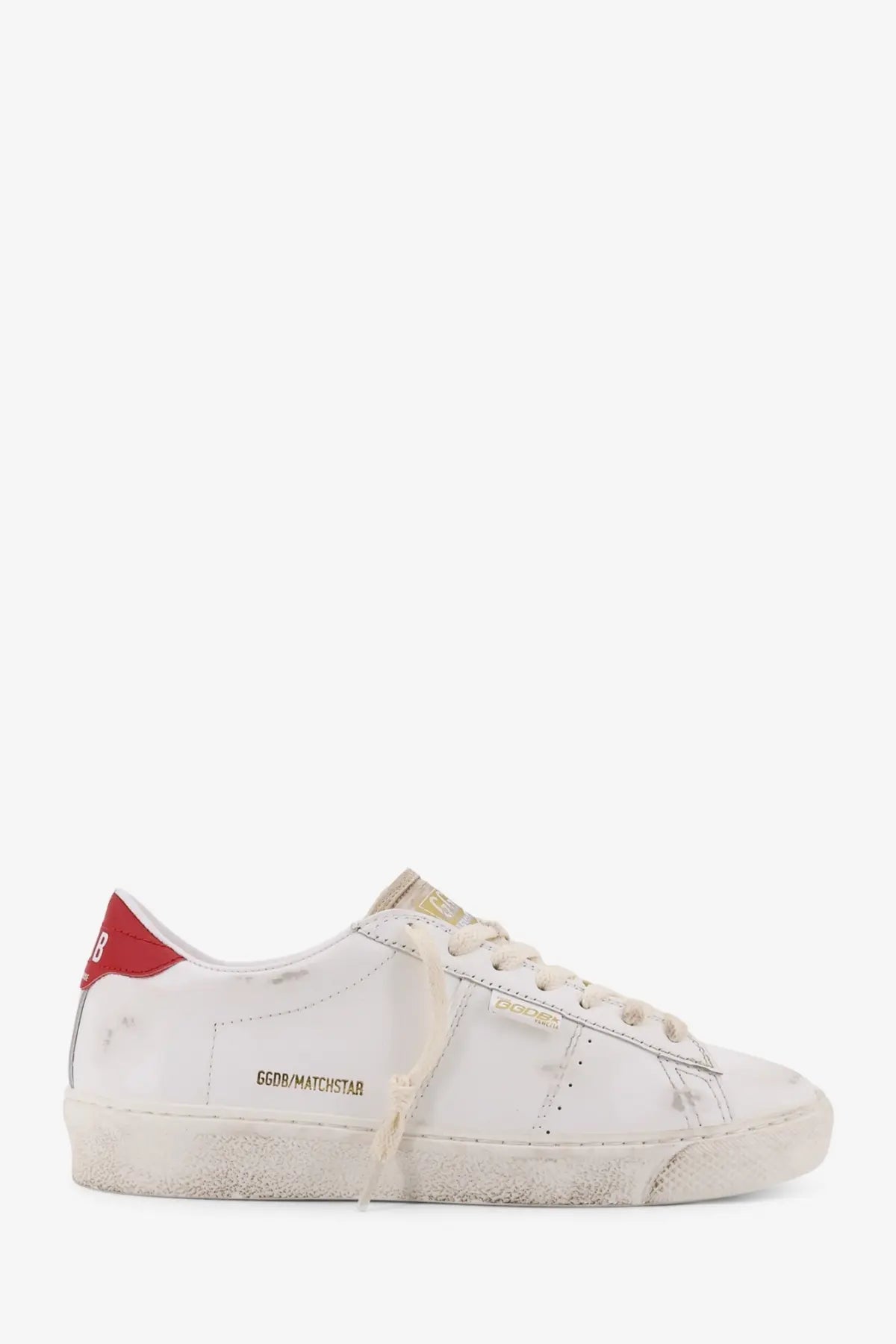 White distressed leather golden goose matchstick low-top sneaker with red heel tab and gold branding for women