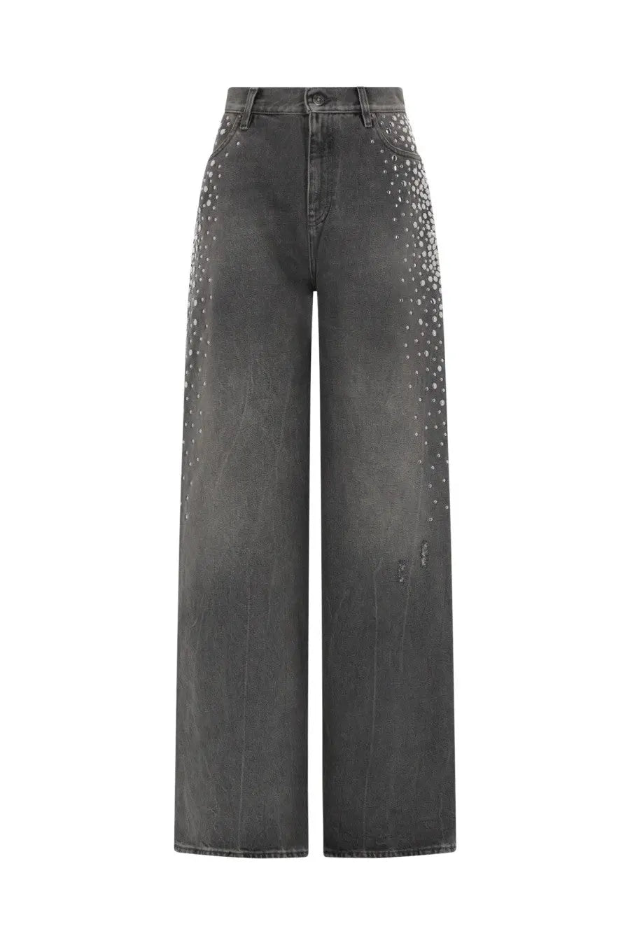 Golden Goose women’s melody boyfriend jeans grey dark gray denim with wide legs and silver stud pattern on outer seams