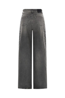 Golden Goose women’s Melody boyfriend jeans in dark gray denim with silver stud vertical stripes on outer seams