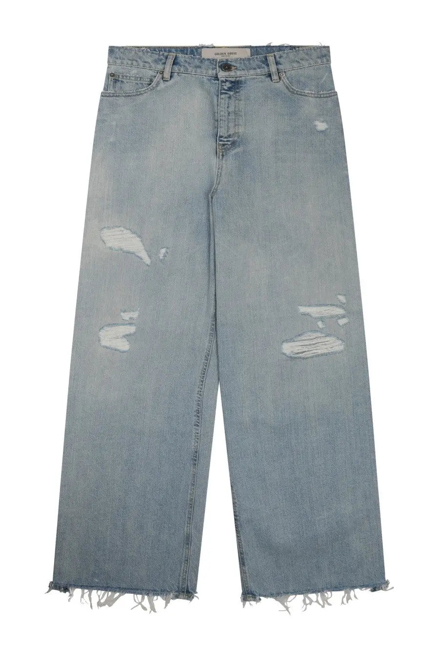 Golden Goose women’s melody destroyed jeans in light-wash denim with wide legs, intentional distressing, and frayed hems