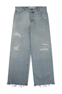 Golden Goose women’s melody destroyed jeans in light-wash denim with wide legs, intentional distressing, and frayed hems