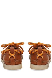 Golden Goose women’s moccasin cruise brown brown leather boat shoes with orange braided laces