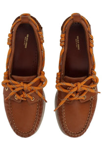 Golden goose women’s moccasin cruise brown leather boat shoes with orange braided laces and gold tone eyelets