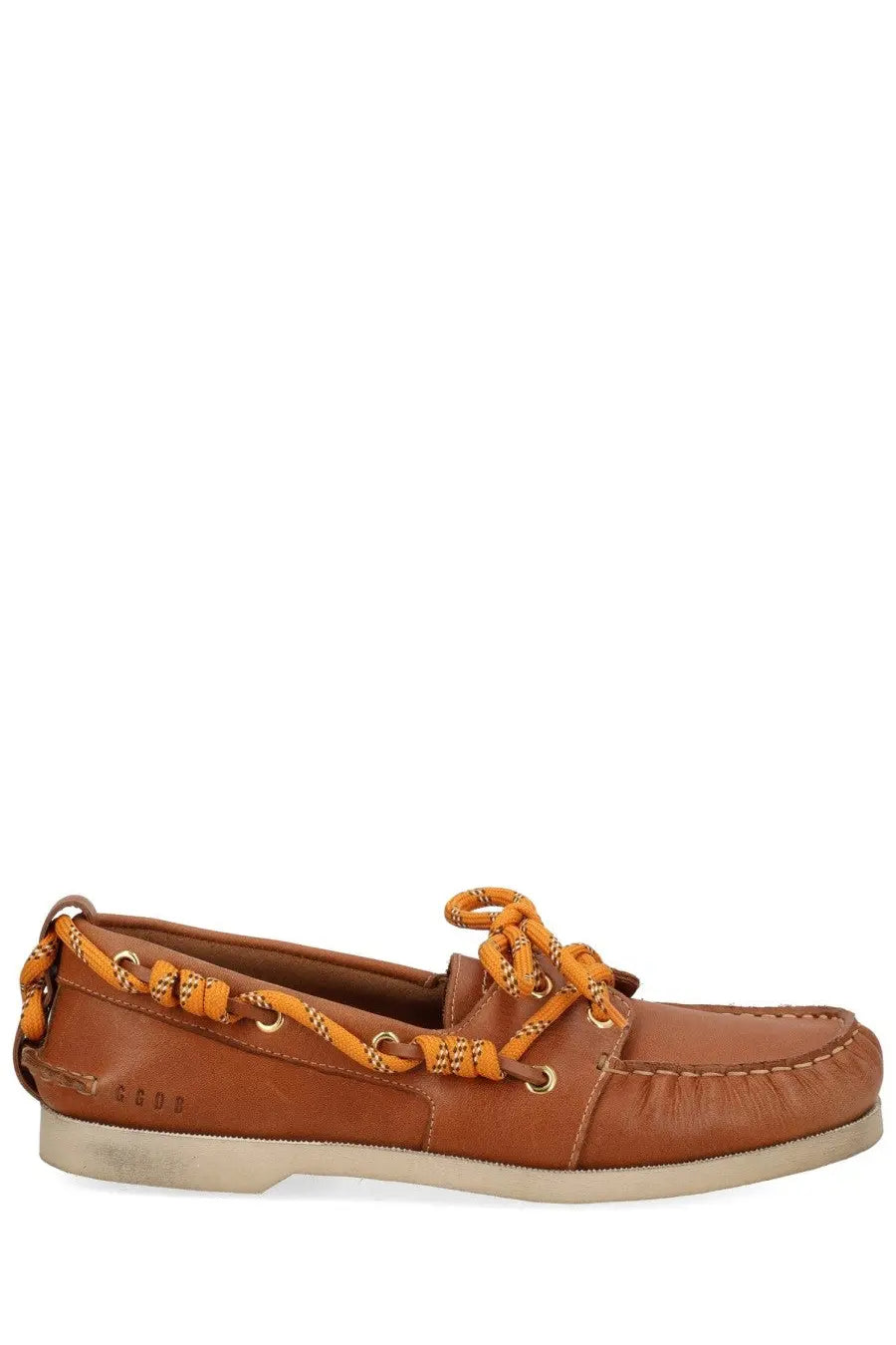 Golden Goose women’s moccasin cruise brown tan leather boat shoe with orange braided laces and gold toned eyelets