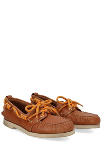 Golden goose womens moccasin cruise brown tan leather boat shoes with bright orange braided laces