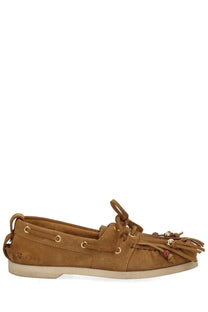 Golden goose women’s moccasin cruise brown tan suede boat shoe with fringed detailing and gold-tone eyelets