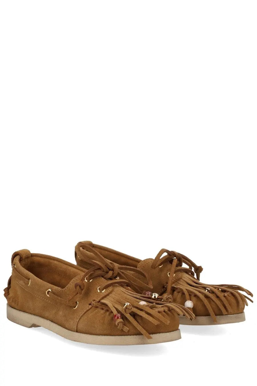 Golden Goose women’s moccasin cruise brown tan suede boat shoes with fringed detailing and decorative beads