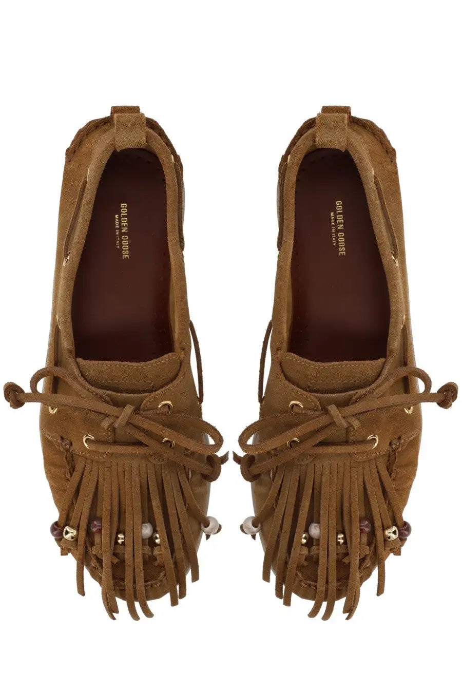 Golden Goose women’s moccasin cruise brown tan suede loafers with fringed detailing and decorative beads
