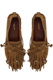 Golden Goose women’s moccasin cruise brown tan suede loafers with fringed detailing and decorative beads