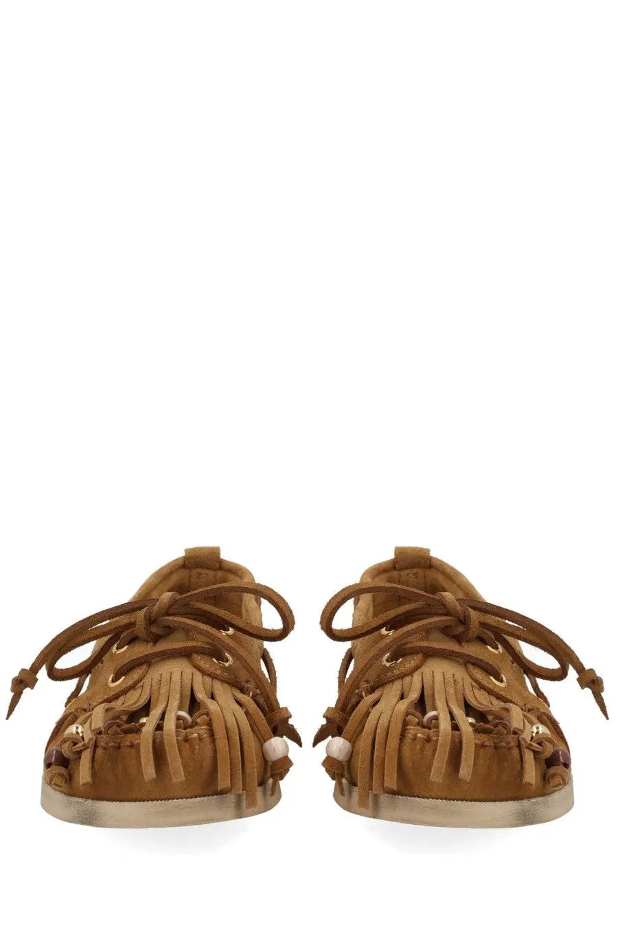 Golden Goose women’s moccasin cruise brown tan suede loafers with fringed detailing and decorative beads