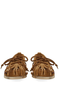 Golden Goose women’s moccasin cruise brown tan suede loafers with fringed detailing and decorative beads