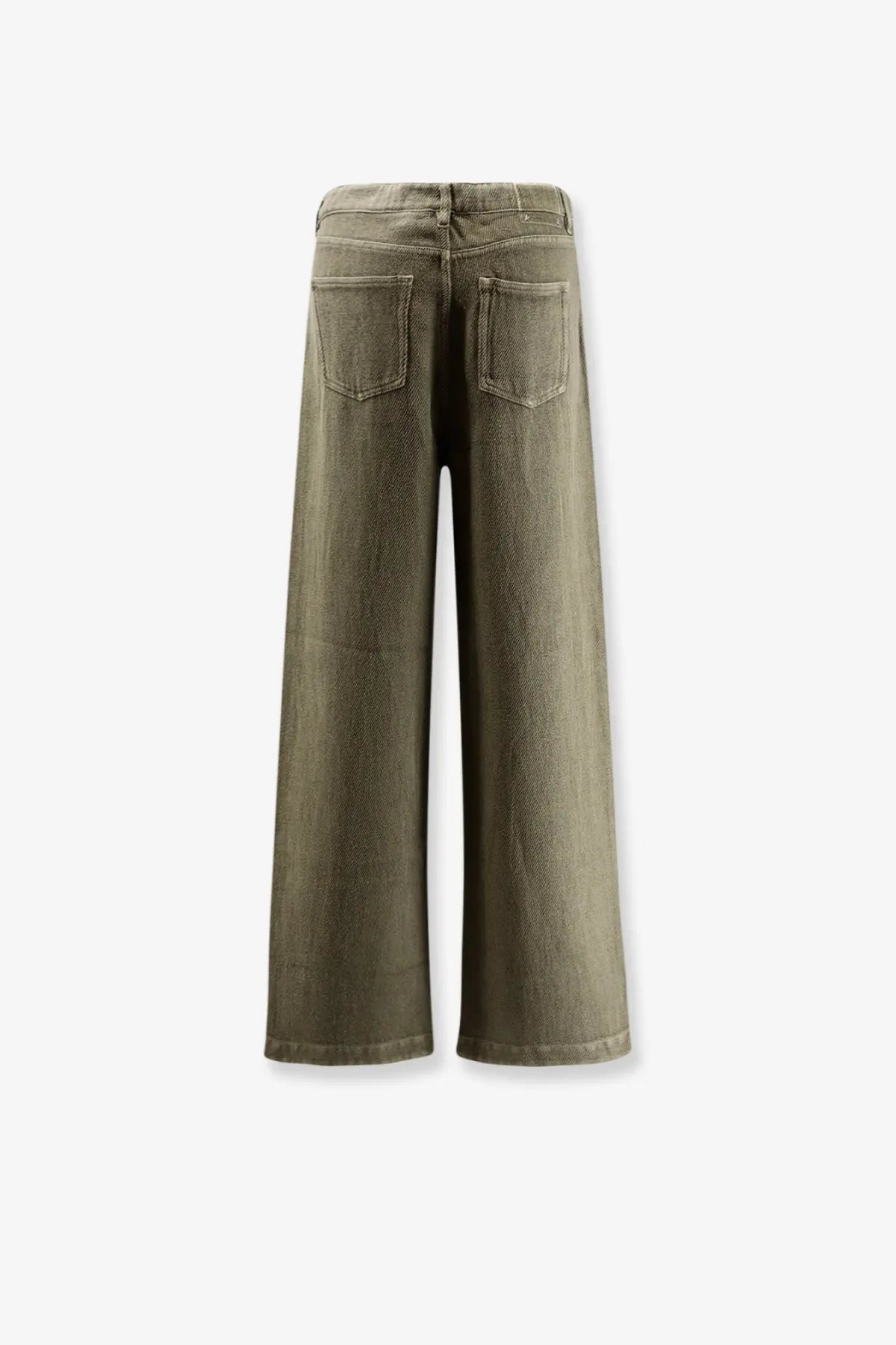 Back side of golden goose women’s ortensia olive green wide-leg denim trousers with two back pockets in cotton linen