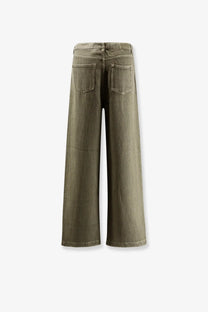 Back side of golden goose women’s ortensia olive green wide-leg denim trousers with two back pockets in cotton linen