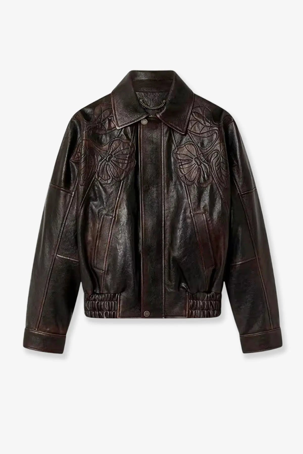 Golden goose women’s palmer leather jacket in dark brown with floral embroidery on chest and shoulders