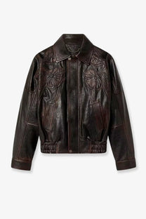 Golden goose women’s palmer leather jacket in dark brown with floral embroidery on chest and shoulders