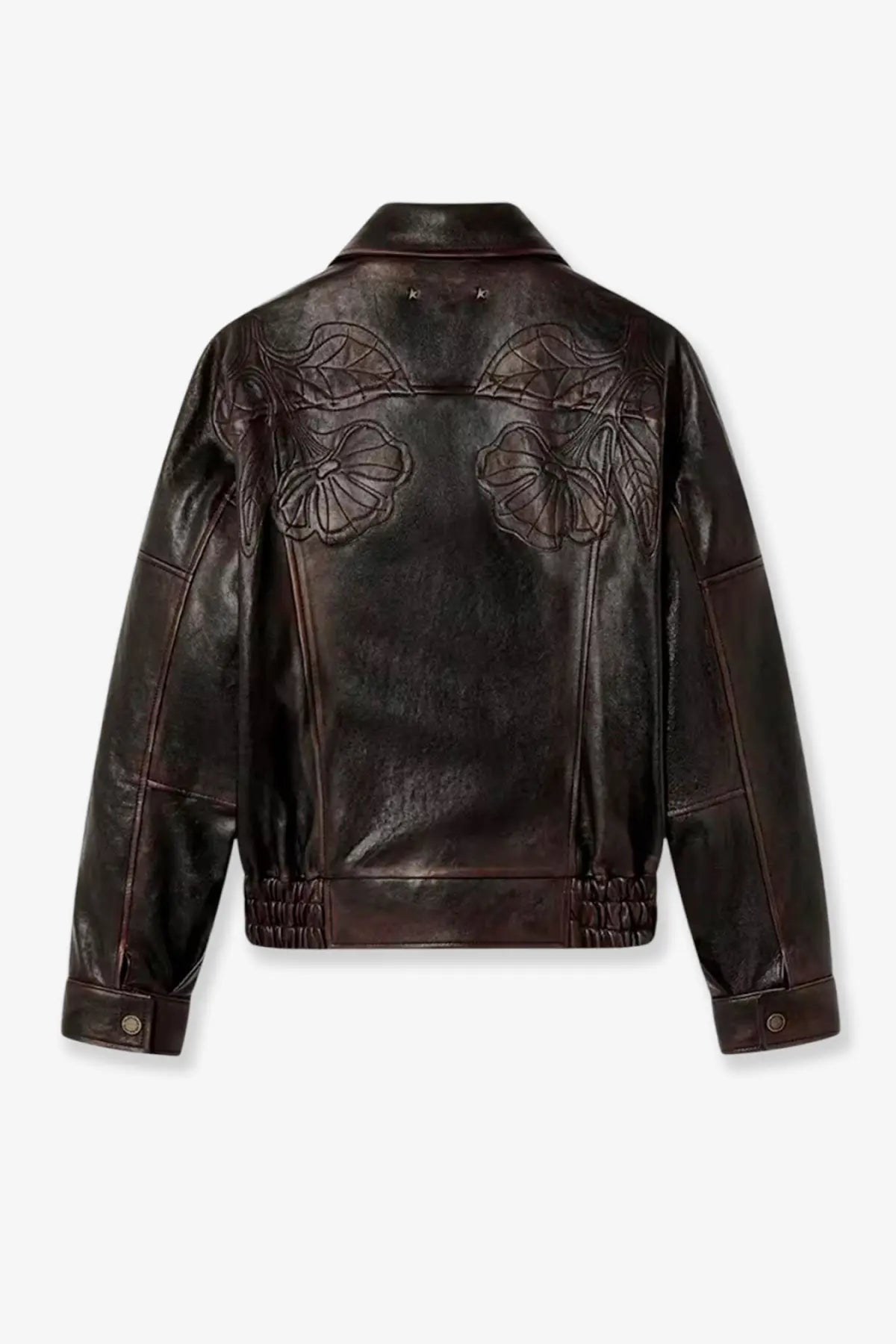 Dark brown leather jacket with intricate floral embroidery on the back from golden goose womens palmer collection