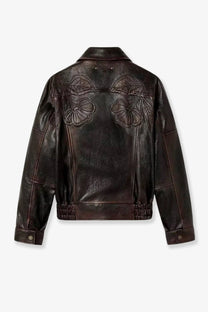 Dark brown leather jacket with intricate floral embroidery on the back from golden goose womens palmer collection