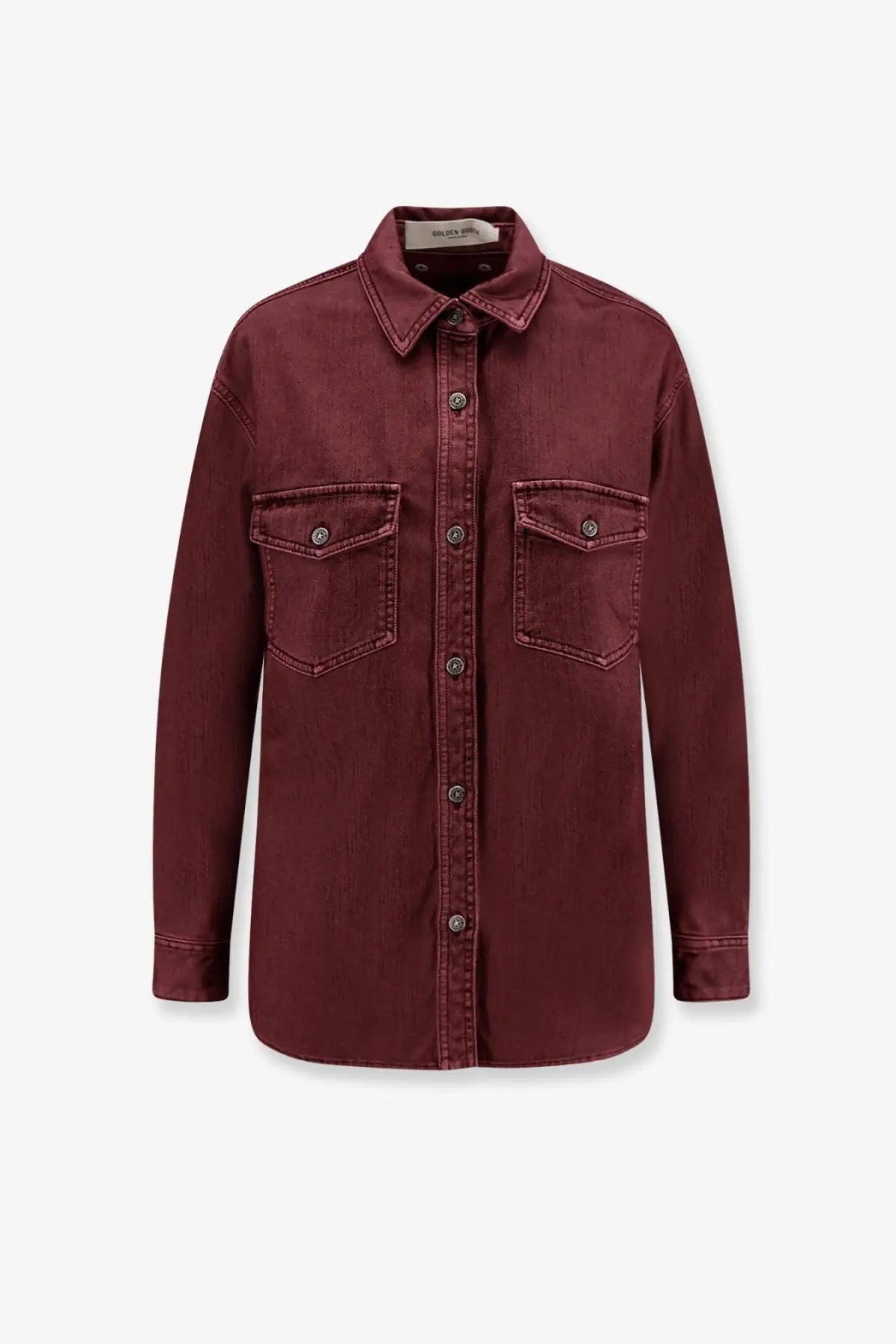A maroon denim shirt with classic collar button-down front and two chest pockets for casual wear