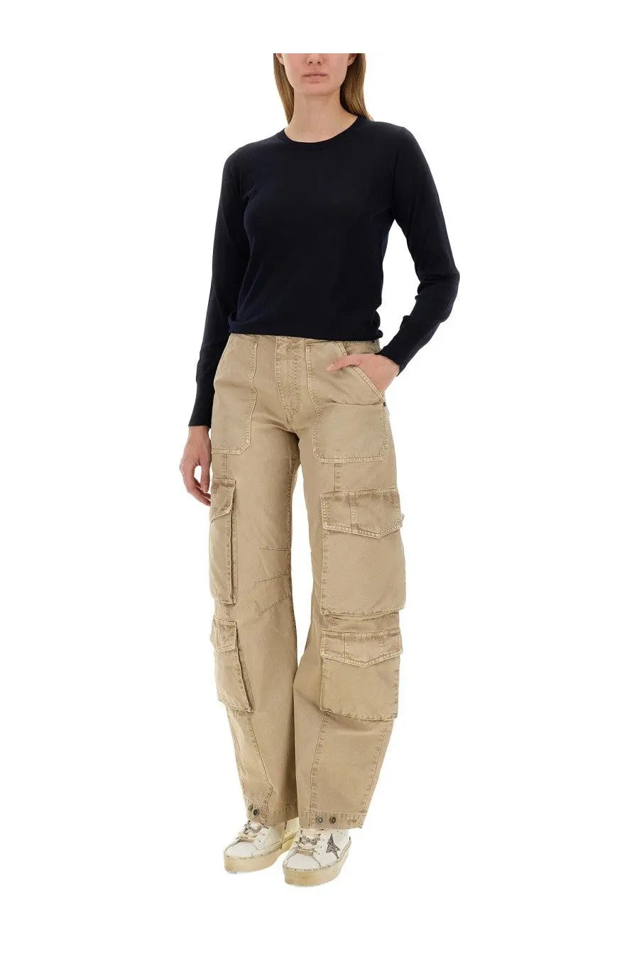 Beige cargo pants with multiple flap pockets and relaxed wide-leg cut paired with golden goose blue shirt