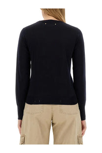 Black long-sleeved knit sweater with subtle star embellishments at the neckline for golden goose women