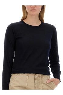 Black long-sleeved knit top with simple crew neckline in golden goose womens regular fit shirt blue collection