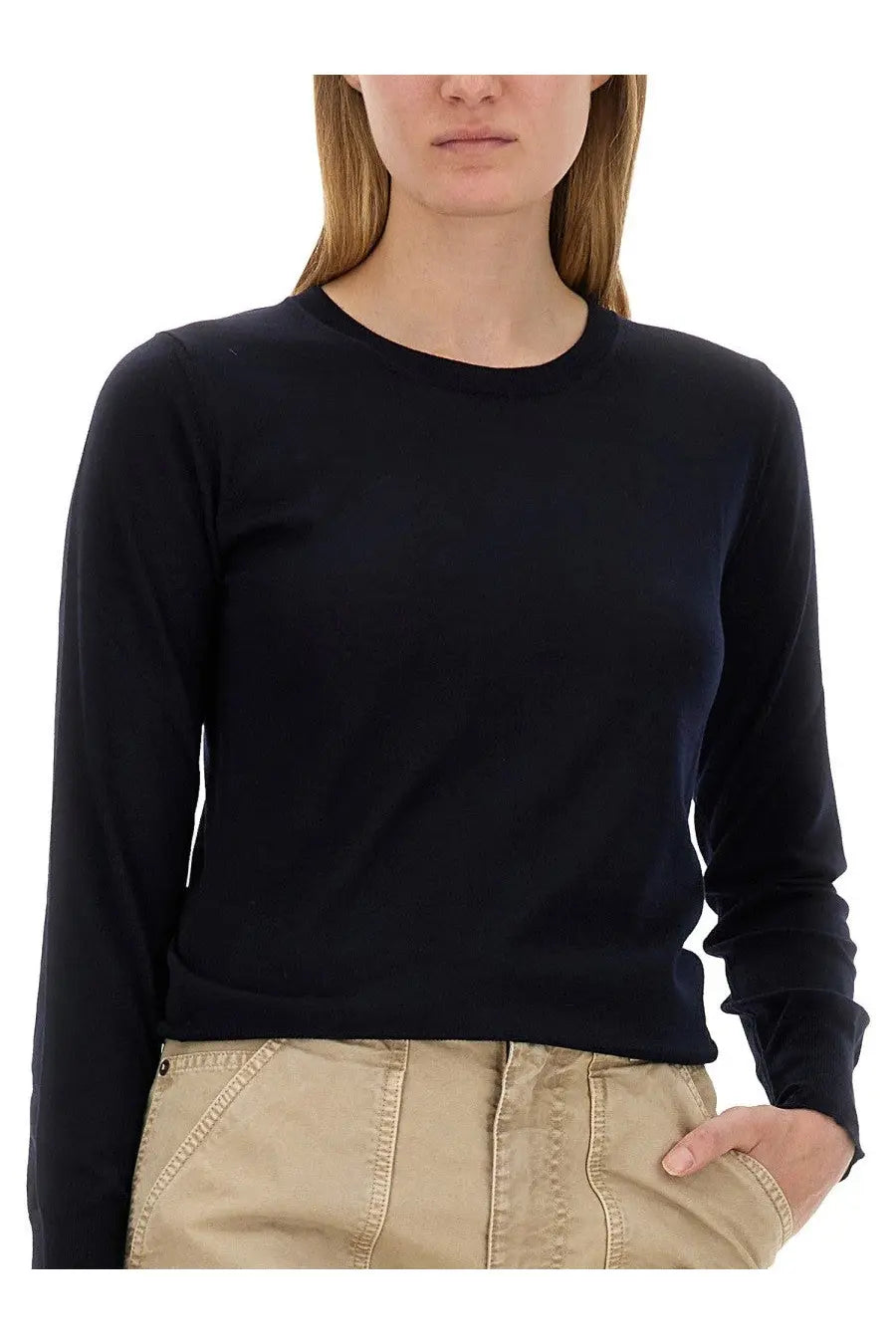 Black long-sleeved knit top with simple crew neckline from Golden Goose women’s regular fit blue shirt collection
