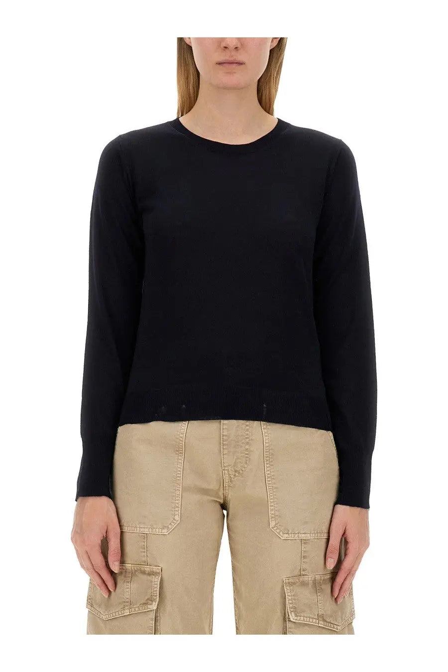 Black long sleeved knit top with simple crew neckline shown in golden goose womens regular fit blue shirt product image