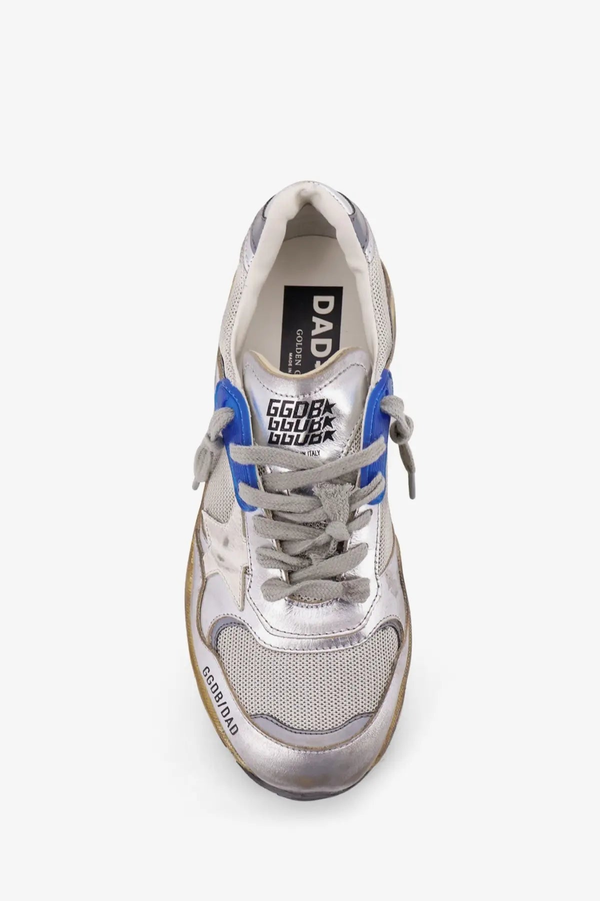 Silver and blue golden goose women’s running dad mesh and leather sneakers with distressed metallic finish and rubber soles