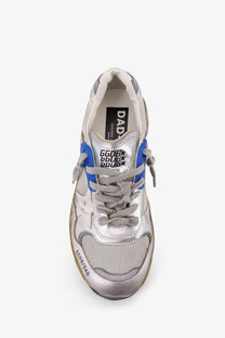 Silver and blue golden goose women’s running dad mesh and leather sneakers with distressed metallic finish and rubber soles