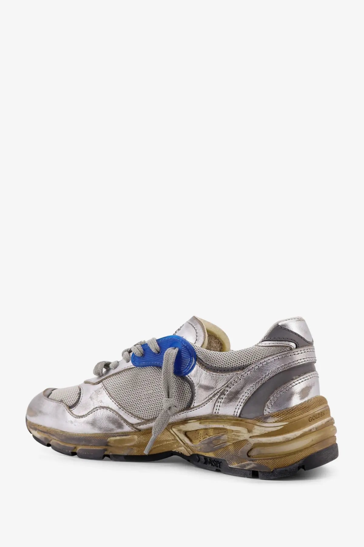 Golden Goose women’s running dad mesh and leather sneaker in silver metallic with blue accents and gold toned chunky sole