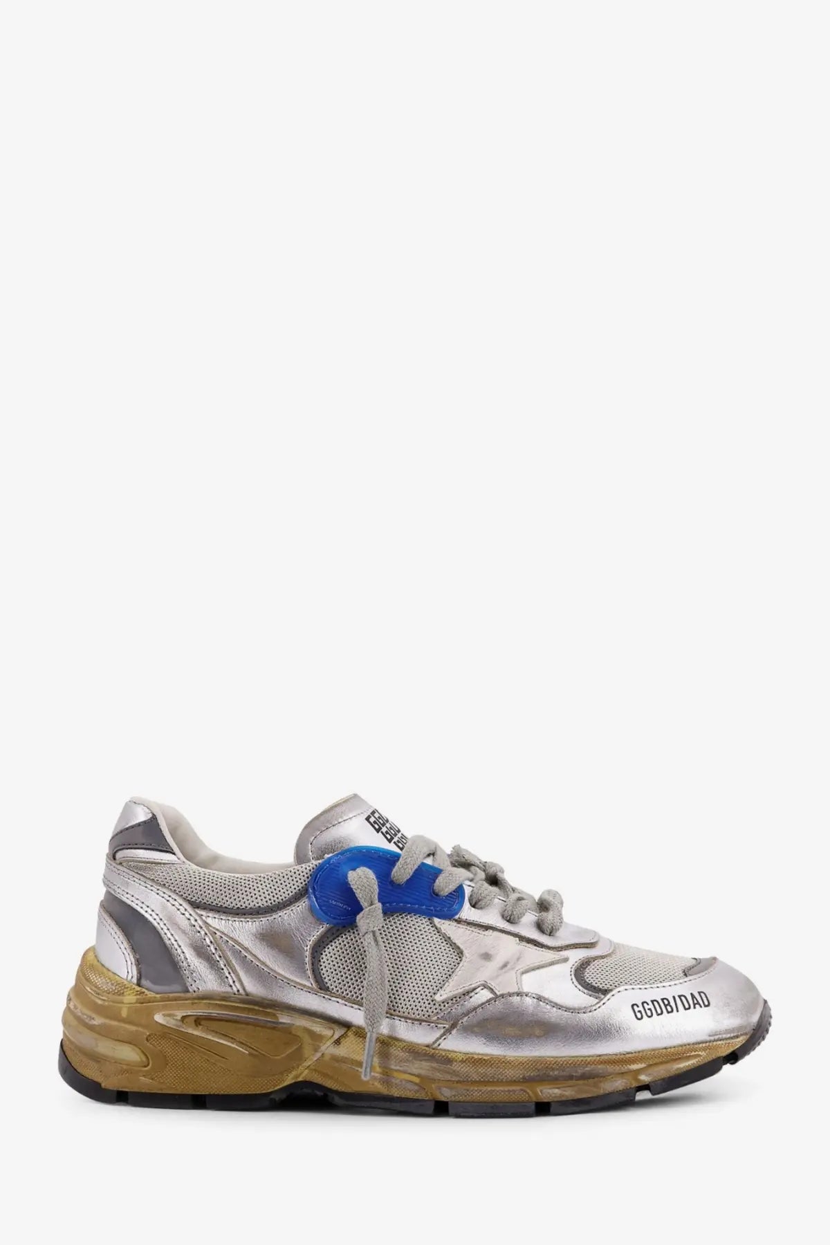Golden Goose women’s running dad sneaker in silver metallic mesh and leather with blue lace tab and gold-toned sole