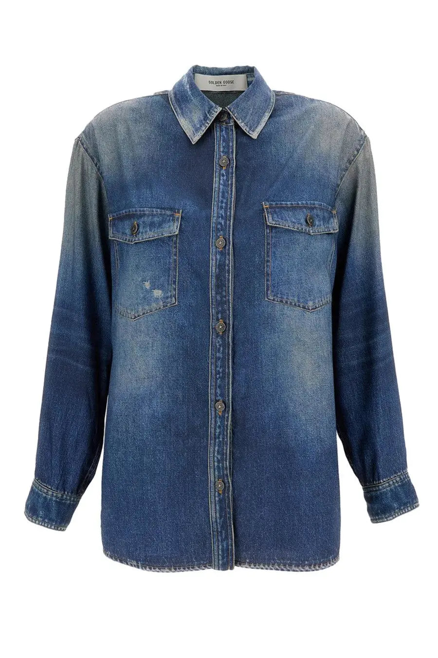 Golden Goose women’s shirt Patty blue faded blue denim with classic collar button-down front and two chest pockets