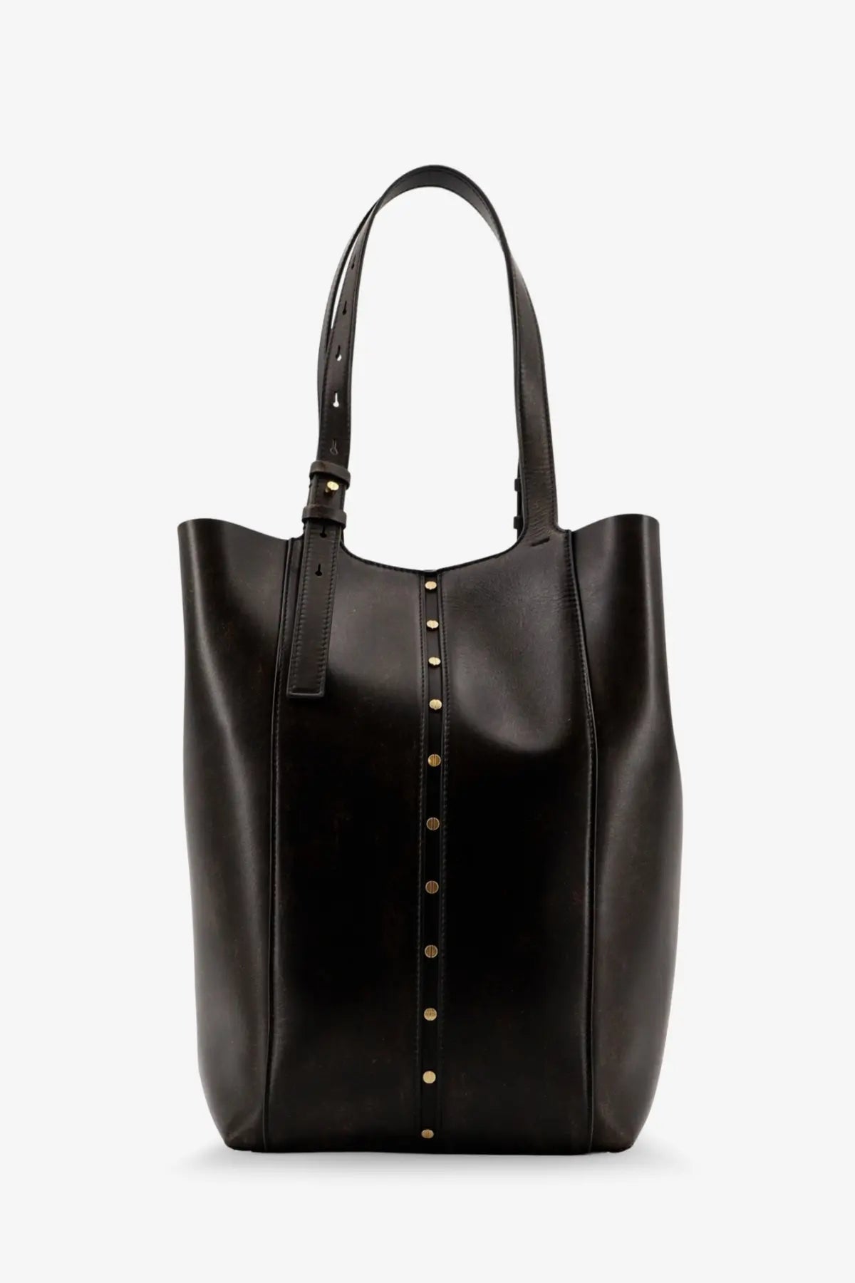 Black leather tote bag with gold-tone studs down the front from golden goose womens vintage shoulder bag collection