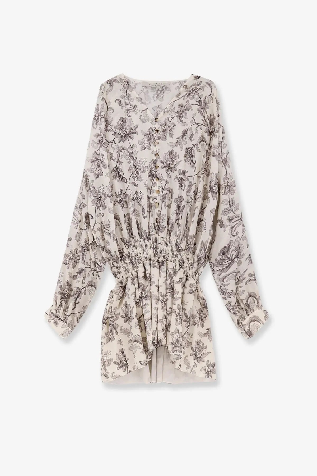 Golden goose women’s black short cotton dress paired with a delicate cream blouse featuring black botanical print and gathered waist