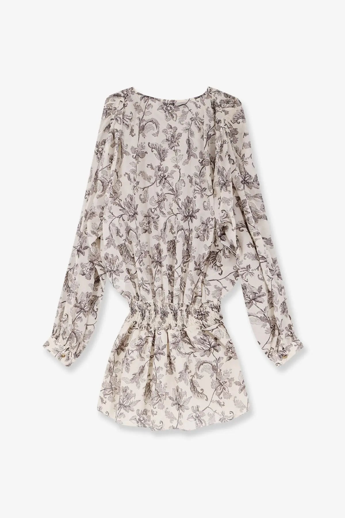 Golden Goose women’s short cotton dress in black featuring a delicate long-sleeved cream dress with black botanical print