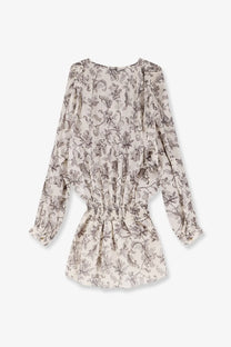 Golden Goose women’s short cotton dress in black featuring a delicate long-sleeved cream dress with black botanical print