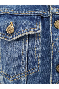 Golden Goose women’s slim fit blue denim jacket with gold-toned star buttons and silver cross text emblem
