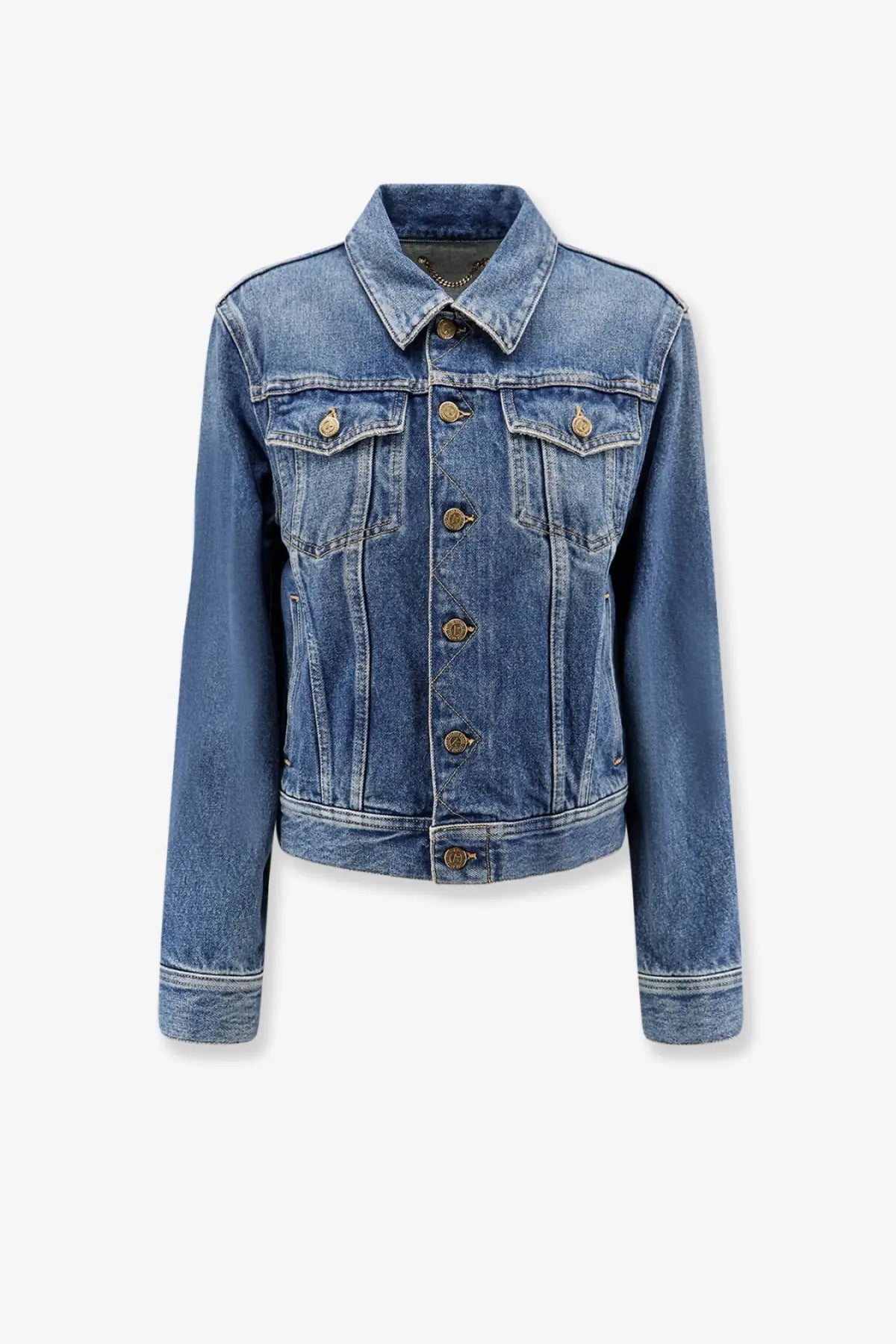 Golden Goose women’s slim fit medium-wash blue denim jacket with classic button-front design and gold-tone buttons