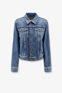 Golden Goose women’s slim fit medium-wash blue denim jacket with classic button-front design and gold-tone buttons