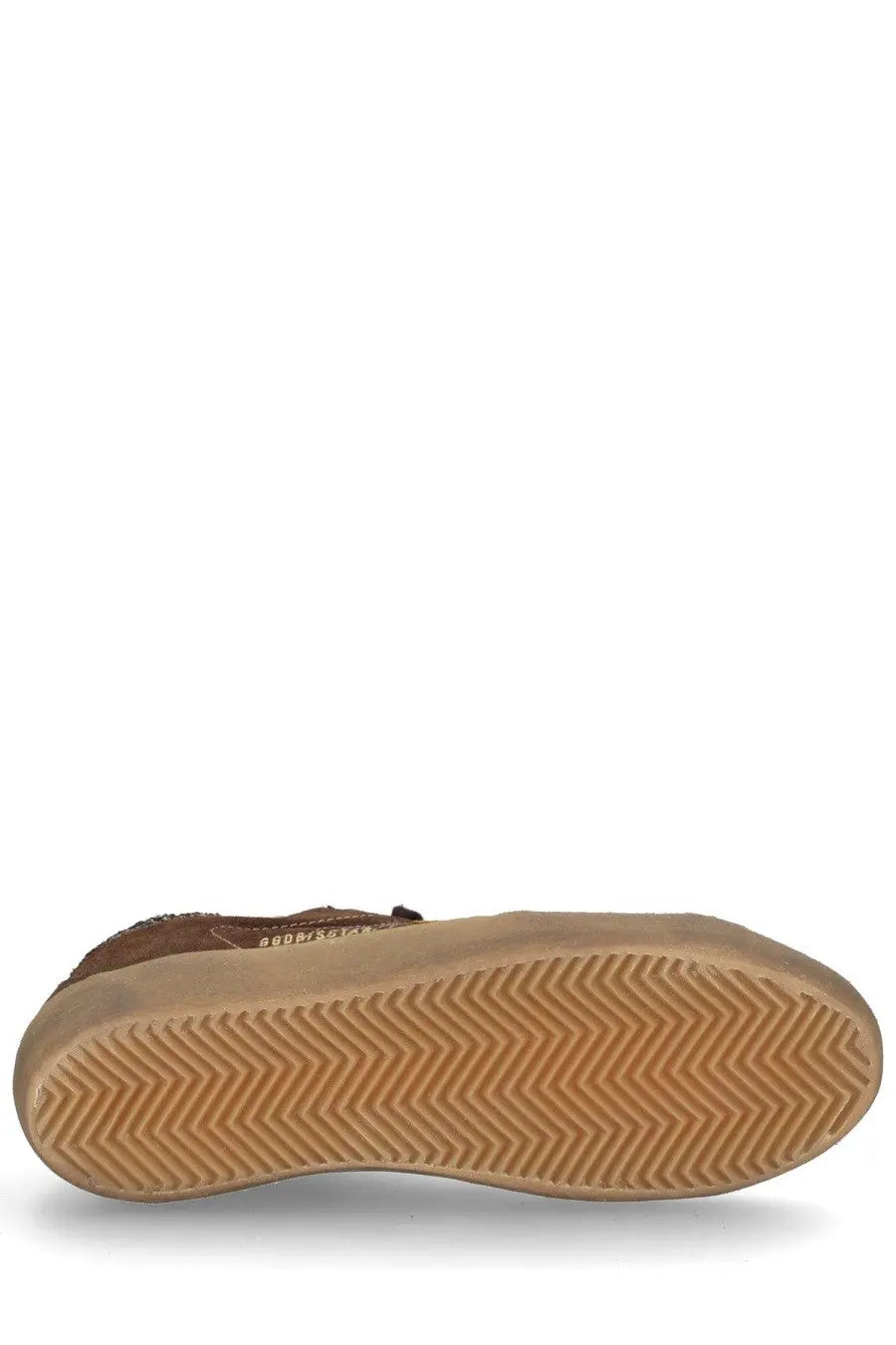 Brown suede Golden Goose women’s Super Star high-top sneaker with tan rubber sole and herringbone tread pattern