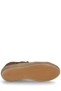 Brown suede Golden Goose women’s Super Star high-top sneaker with tan rubber sole and herringbone tread pattern