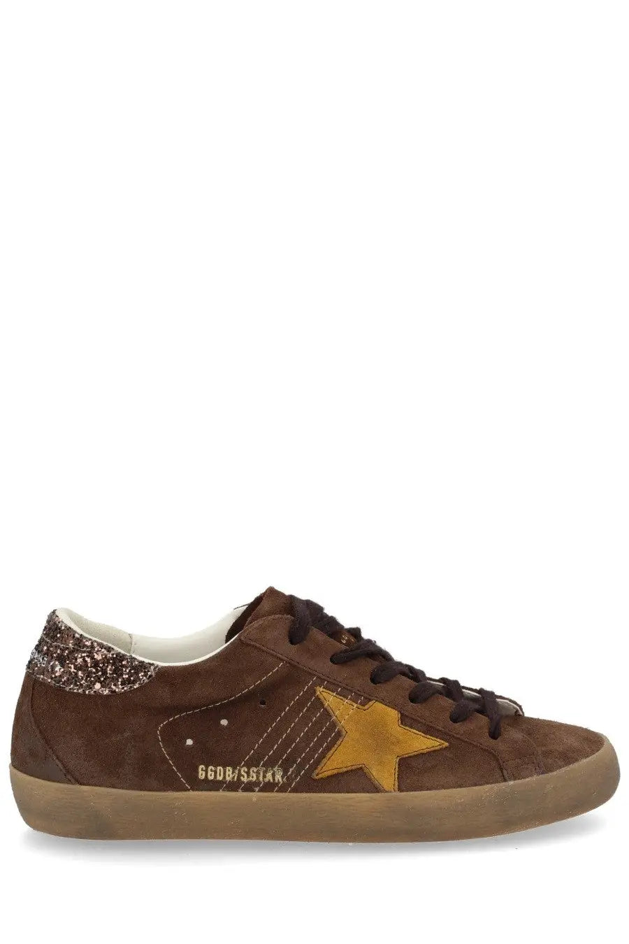 Brown suede golden goose women’s super star low-top sneaker with gold star logo and glittery brown heel tab