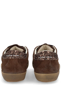 Golden goose women super star sneaker in brown suede with glittery rose gold accents and a tan rubber sole