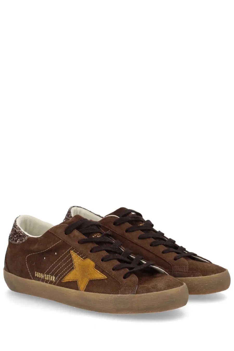 Golden Goose women’s Super Star sneaker brown suede with gold star emblem black laces and glittery heel tab