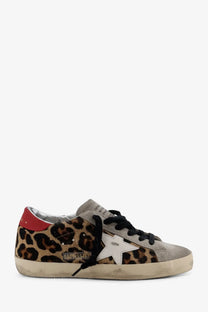 Golden Goose women’s Super Star sneaker white leopard-print suede with white star patch and red heel tab shown from back